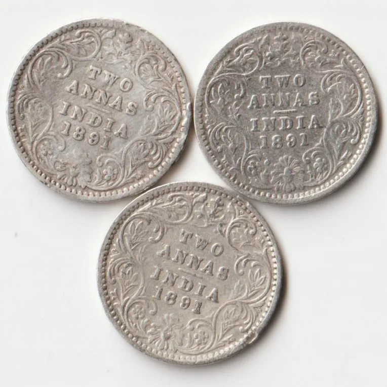 Rare Two Annas 1891 Silver Coin of Victoria Empress British India Coinage Randomly Single Coin Given from a Set