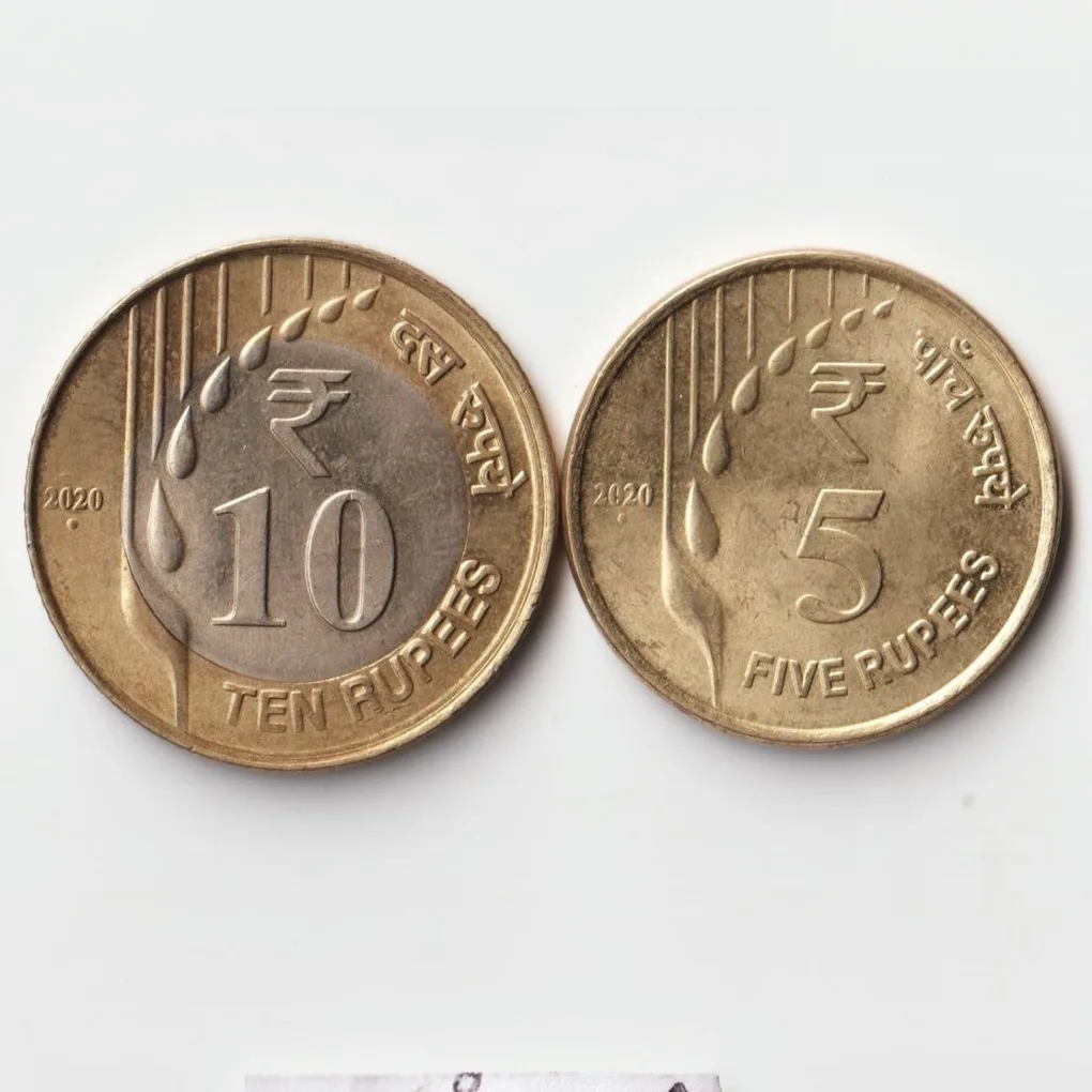 Combo Set of Ten, Five Rupees 2020 Bimetallic and Nickel-Brass Raindrop Coins of Republic India Coinage