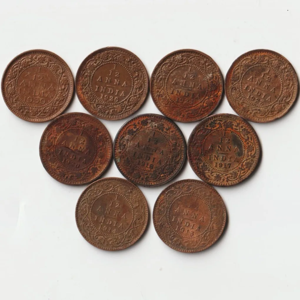 9 Coins Set of 1/12 Anna 1913 to 1939 Bronze Coins of King George V and George VI British India Coinage
