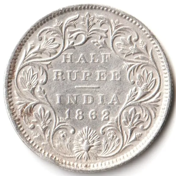Rare Half Rupee 1862 of Queen Victoria Collectible British India Silver Coin