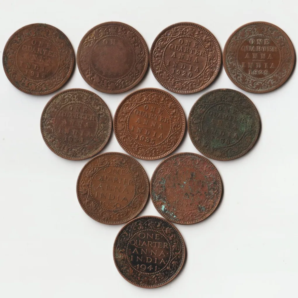10 Coins Set of One Quarter Anna 1913 to 1941 Bronze Coin of King George VI and George V British India Coinage