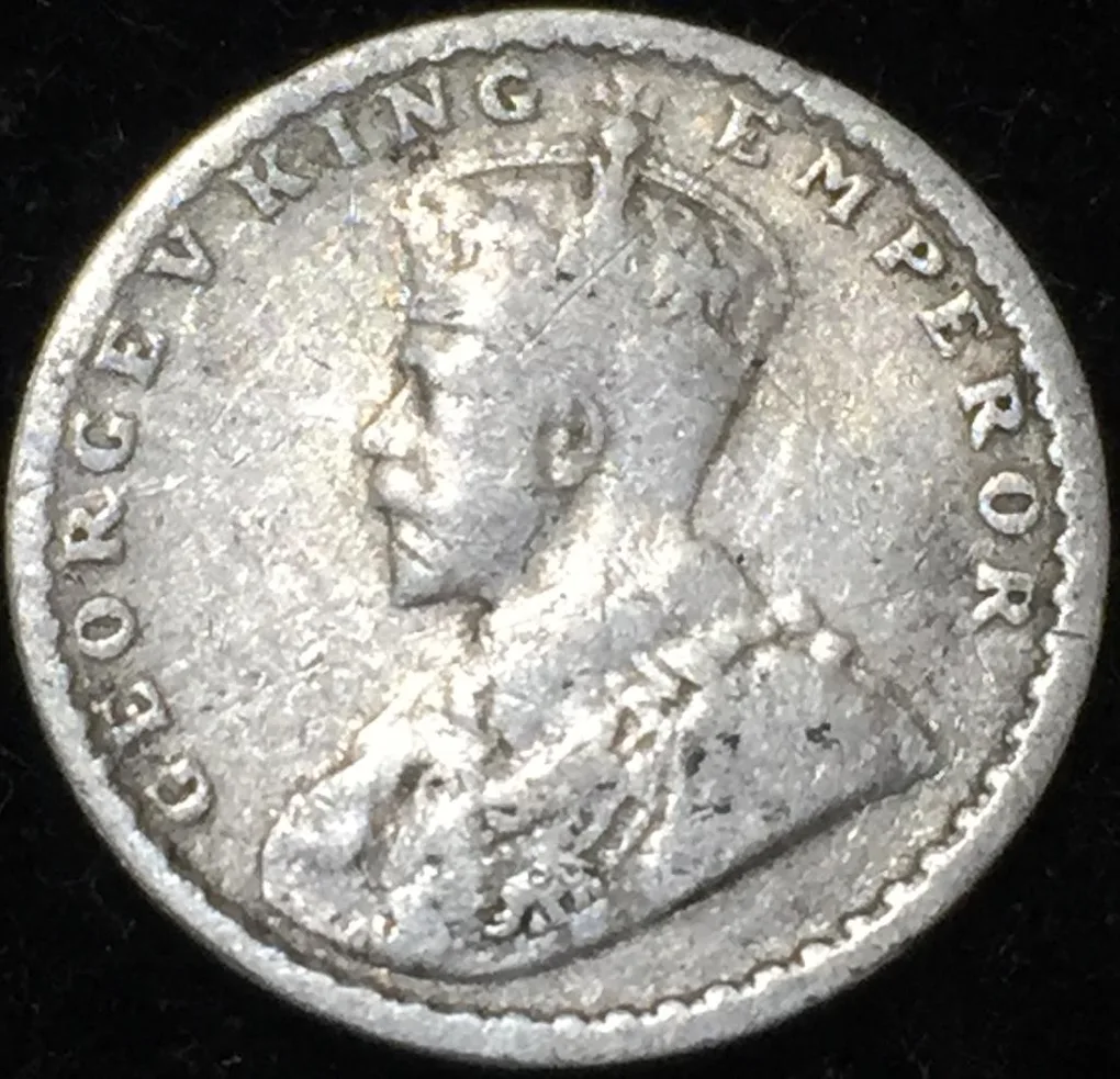 1914 India - British 2 Annas - George V Type II Silver Rare Lowest Price Coin #V175