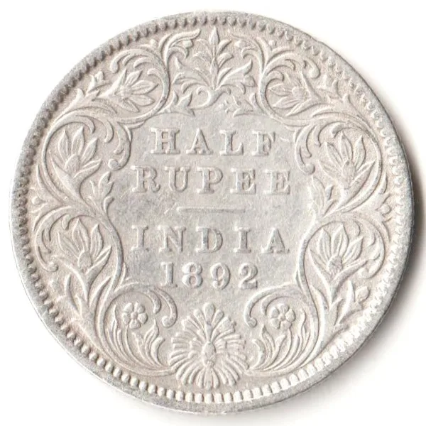 Rare Half Rupee 1892 of Calcutta Mint of Victoria Empress Collectible British India Silver Coin