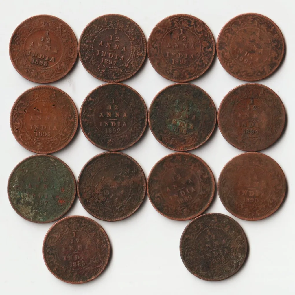 Rare 14 Coins Set of 1/12 Anna 1885 to 1901 Copper Coins of Victoria Queen British India Coinage