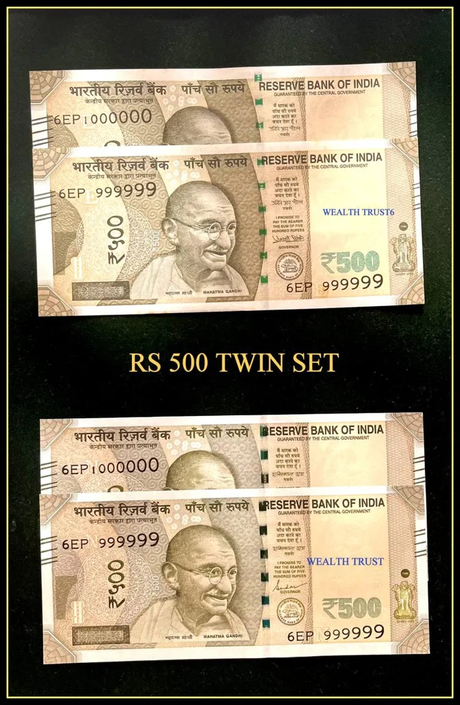 Rs 500 Twin Pair Gem Unc Very Unique Banknote Set Solid Number 6EP 999999 and 1 Million
