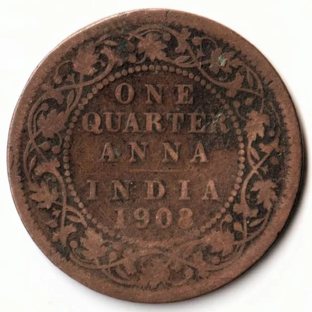 Rare 1/4 Quarter Anna 1908 Bronze Coin Of Edward VII British India Coinage