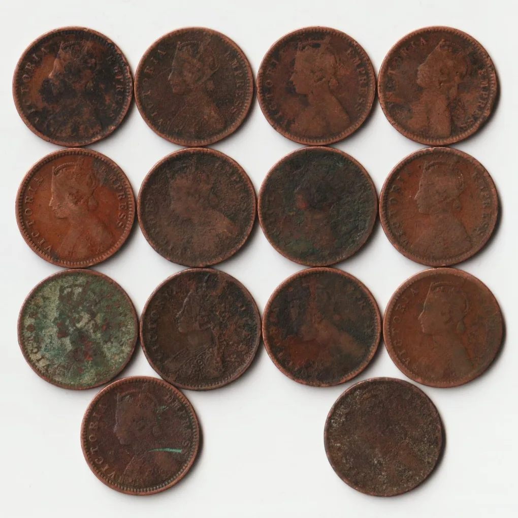 Rare 14 Coins Set of 1/12 Anna 1885 to 1901 Copper Coins of Victoria Queen British India Coinage