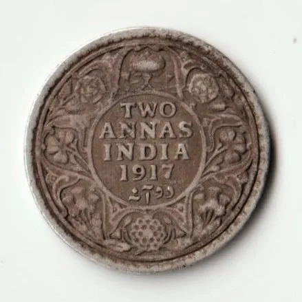 2 Anna 1917 Silver Coin of King George V British India Coinage