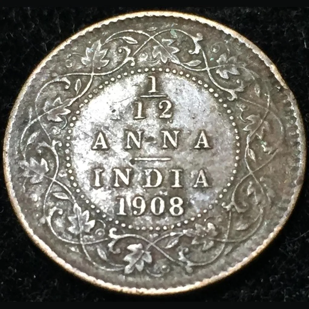1908 India - British ¹⁄₁₂ Anna - Edward VII Rare Lowest Price Coin #V159