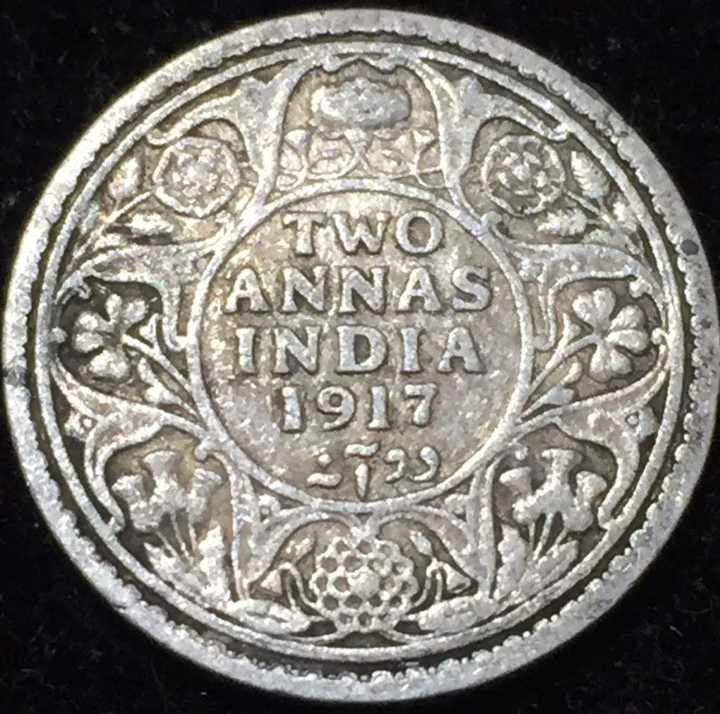 1917 India - British 2 Annas - George V Type II Silver Rare Lowest Price Coin #V177