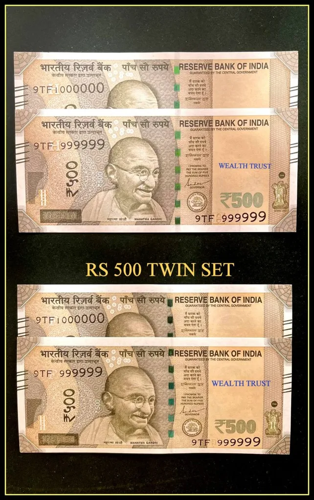 Rs 500 Twin Pair Gem Unc Very Unique Banknote Set Super Solid Number 9TF 999999 and 1 Million