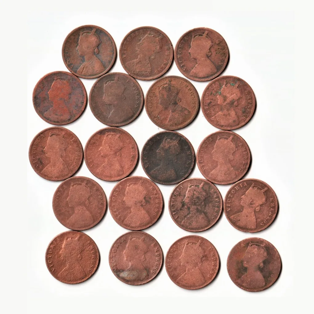 19 Different One Quarter Anna 1866 to1901 Copper Coin Set Of Empress Victoria British India Coinage