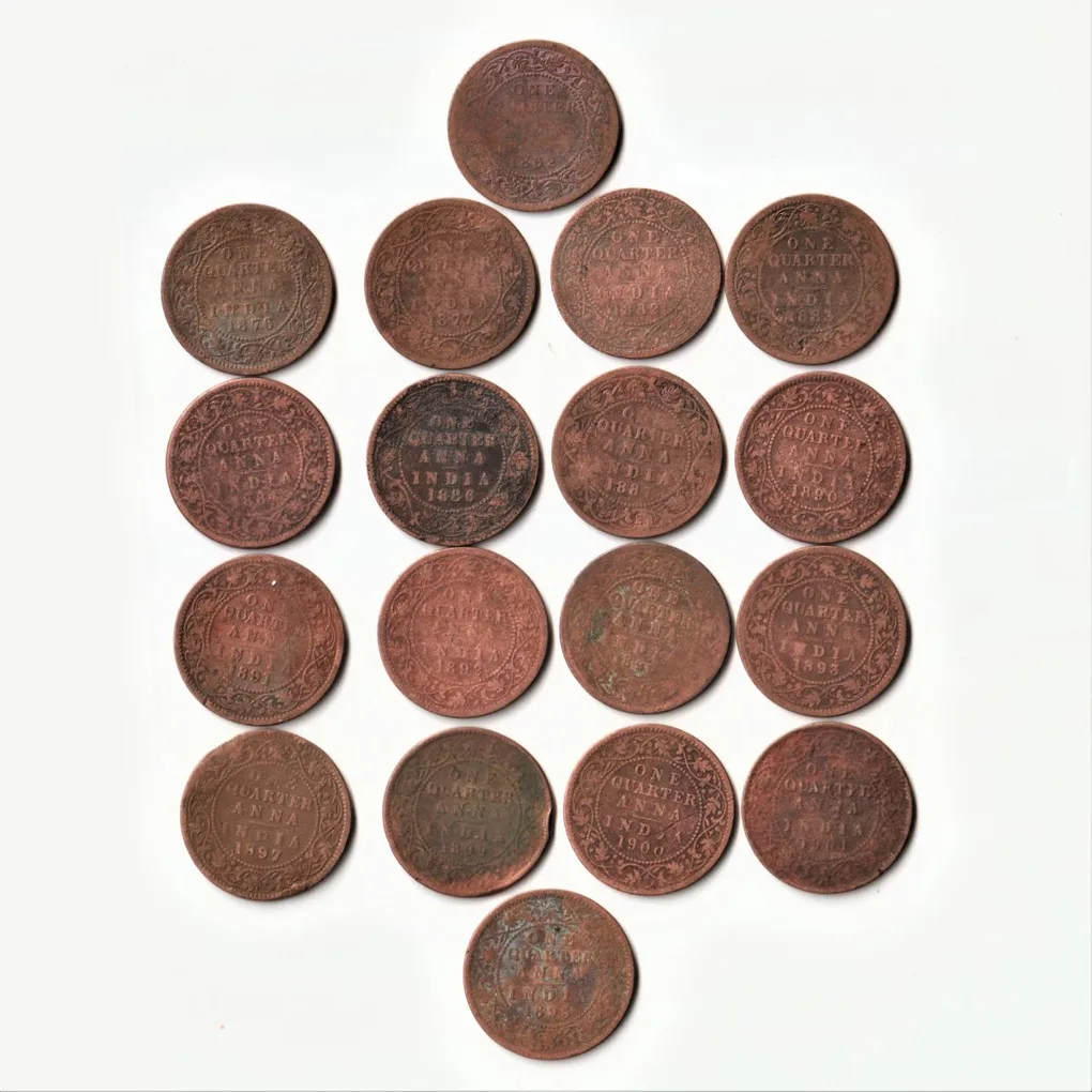 18 Different One Quarter Anna 1862 to1905 Copper Coin Set Of Empress Victoria British India Coinage