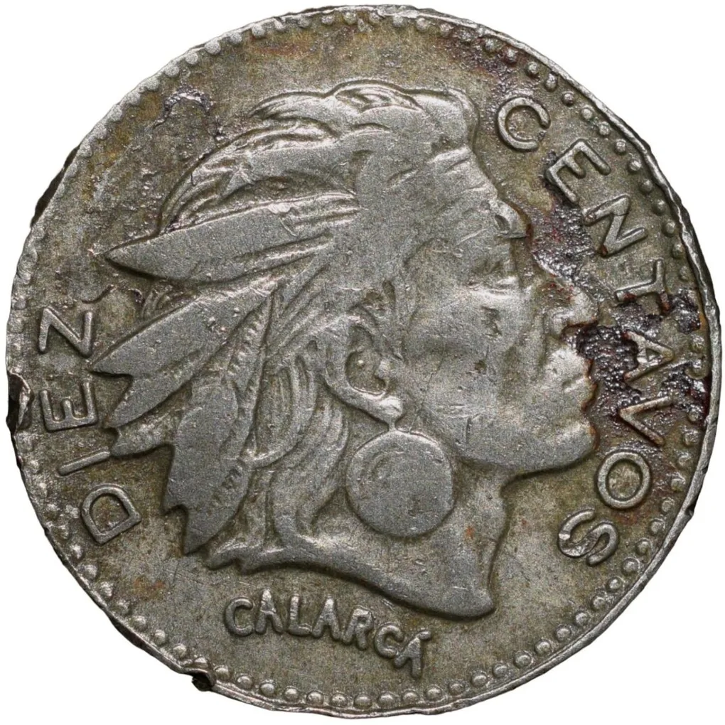 Old Copper-Nickel 10 Pesos of Colombia Country (AD 1966) with portrait of Indio Chief