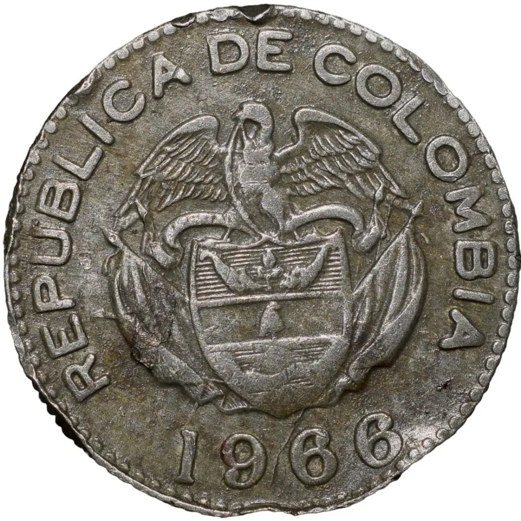 Old Copper-Nickel 10 Pesos of Colombia Country (AD 1966) with portrait of Indio Chief