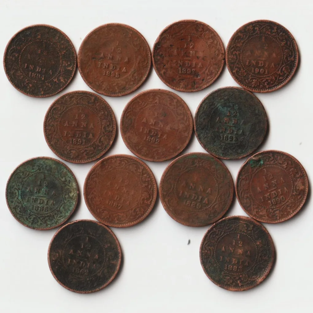 Rare 12 Coins Set of 1/12 Anna 1862 to 1901 Copper Coins of Victoria Queen British India Coinage