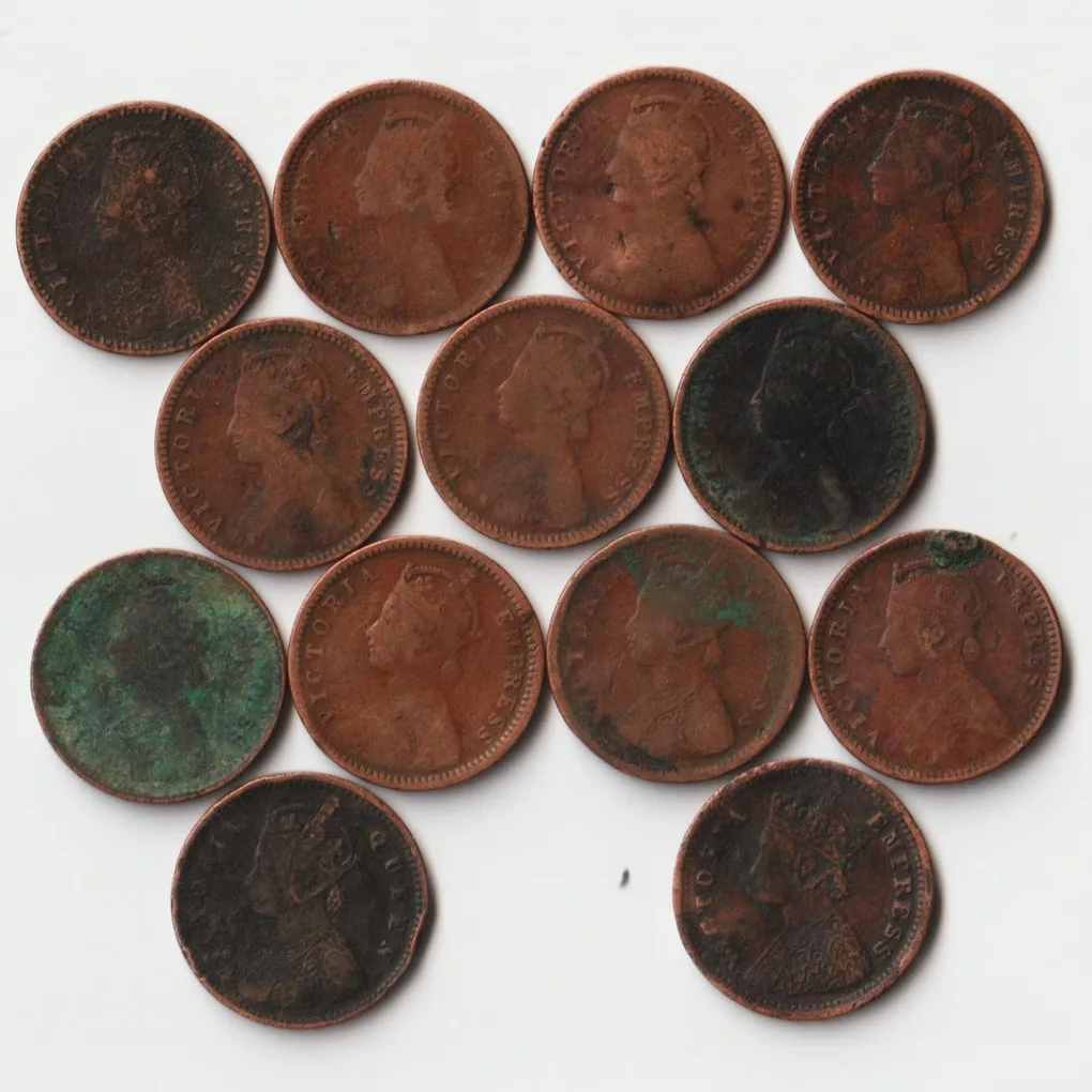 Rare 12 Coins Set of 1/12 Anna 1862 to 1901 Copper Coins of Victoria Queen British India Coinage