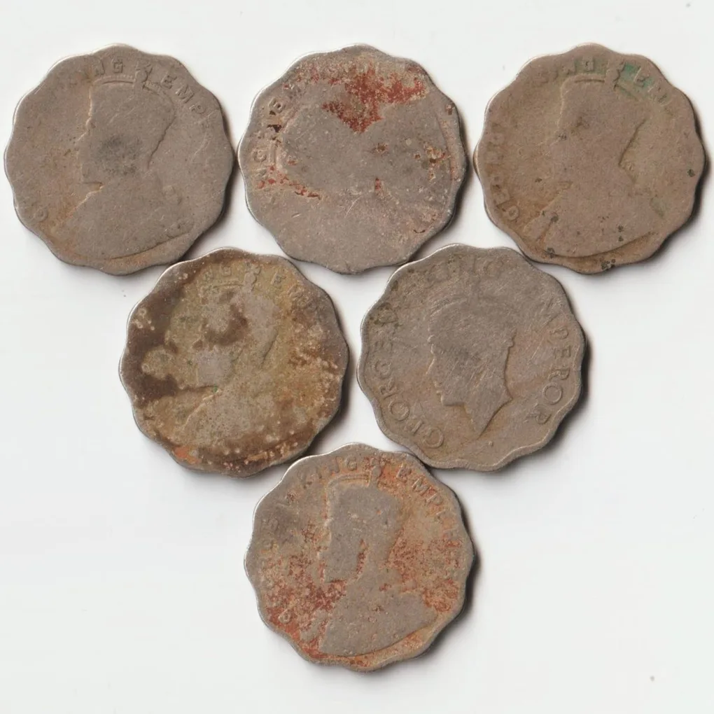 6 Coins Set of One Anna Different Dates Copper-Nickel Coins of King George V and George VI British India Coinage