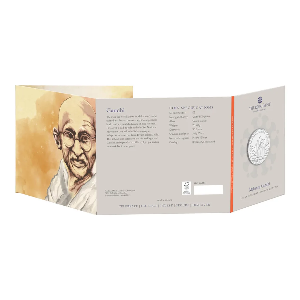 Mahatma Gandhi Commemorative Coin with Royal Mint Original Folder Slogan 2021 for Collection