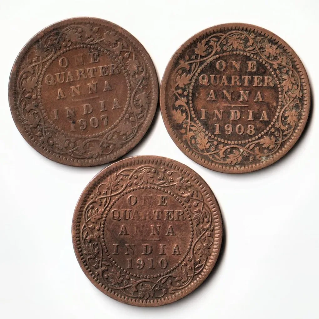 3 Coin Set of 1/4 Quarter Anna 1907 to 1910 Bronze Coin Of Edward VII British India Coinage