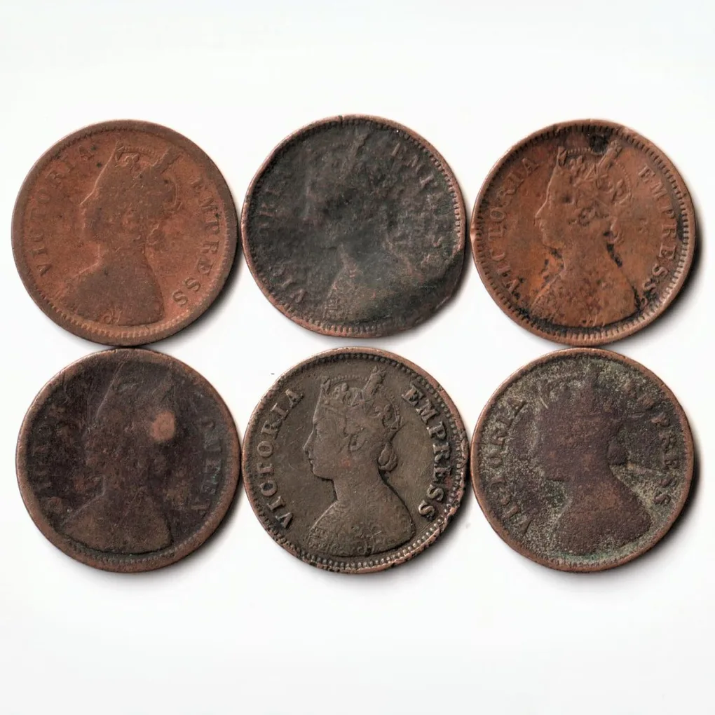 Rare 6 Coins Set of 1/2 Pice 1862 and 1898 Copper Coin of Victoria Queen Standard Circulation Coin of British India