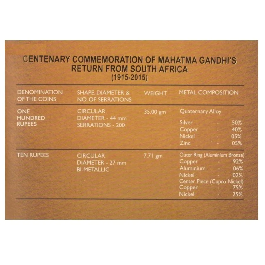 UNC Set 100 and 10 Rupees India celebrates centenary of Mhatma Gandhi’s return from South Africa Coin