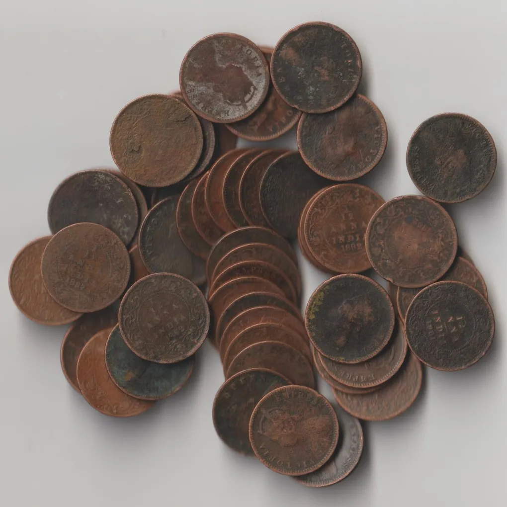 Extremely Rare 50 Coins Set of 1/12 Anna All Different Dates and Different Mints Copper Coins of Victoria Queen British India Coinage