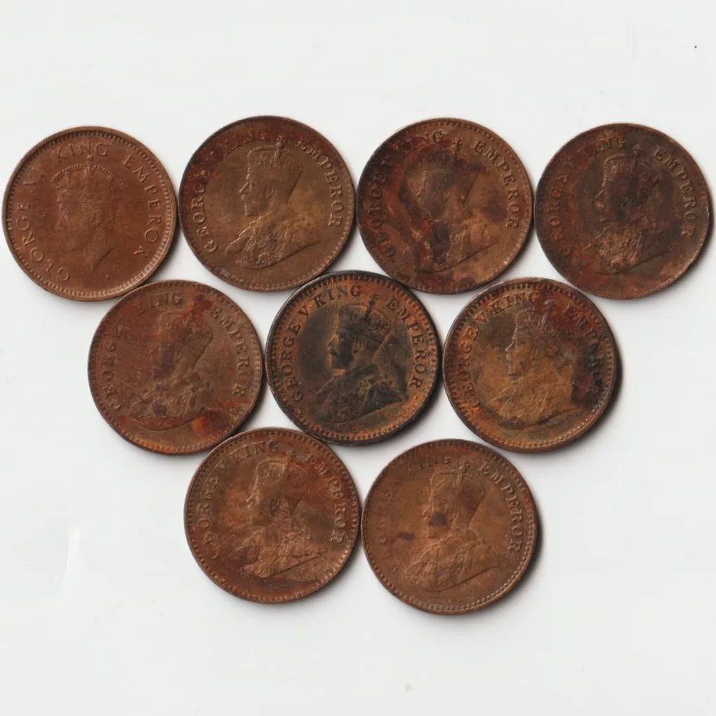 9 Coins Set of 1/12 Anna 1913 to 1939 Bronze Coins of King George V and George VI British India Coinage