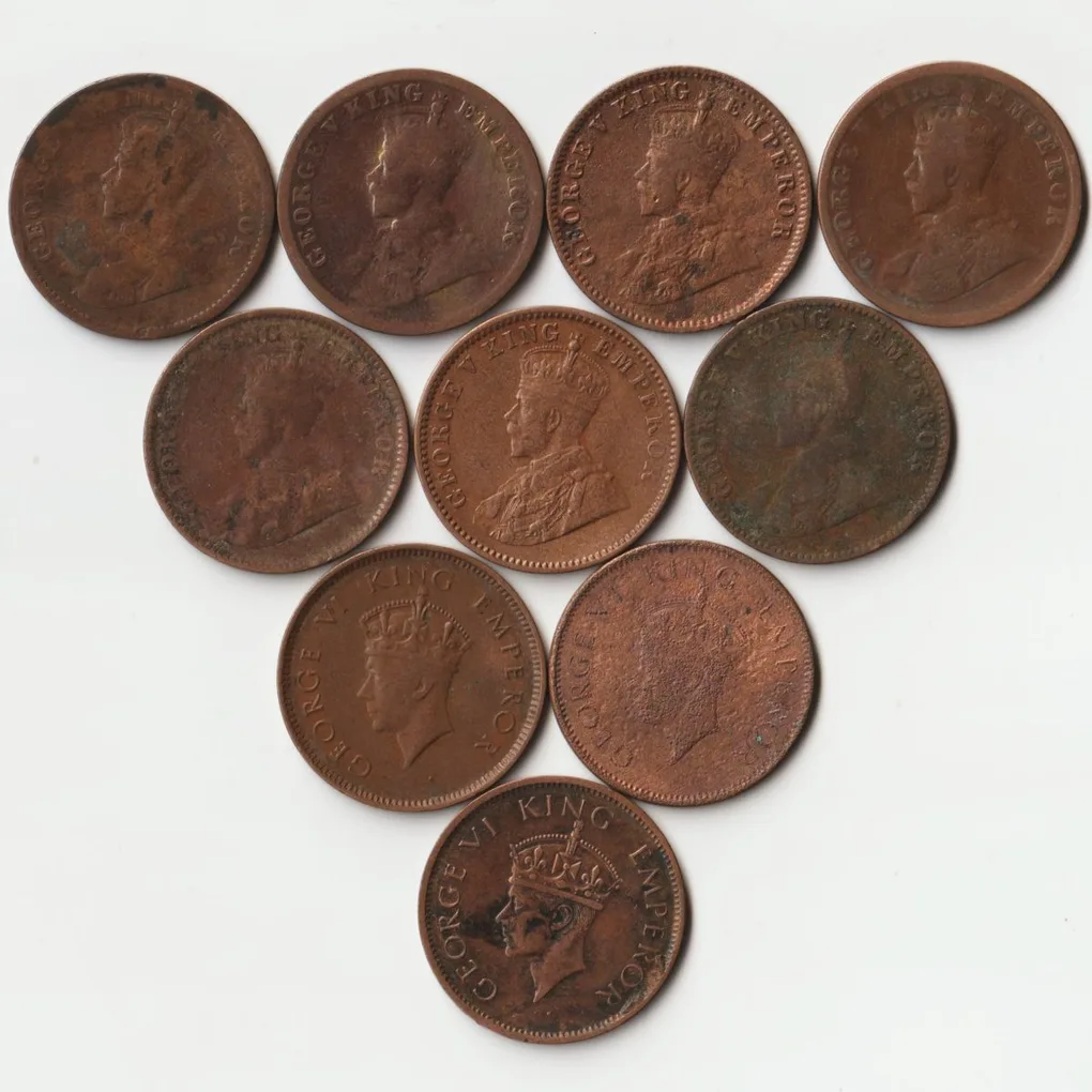 10 Coins Set of One Quarter Anna 1913 to 1941 Bronze Coin of King George VI and George V British India Coinage