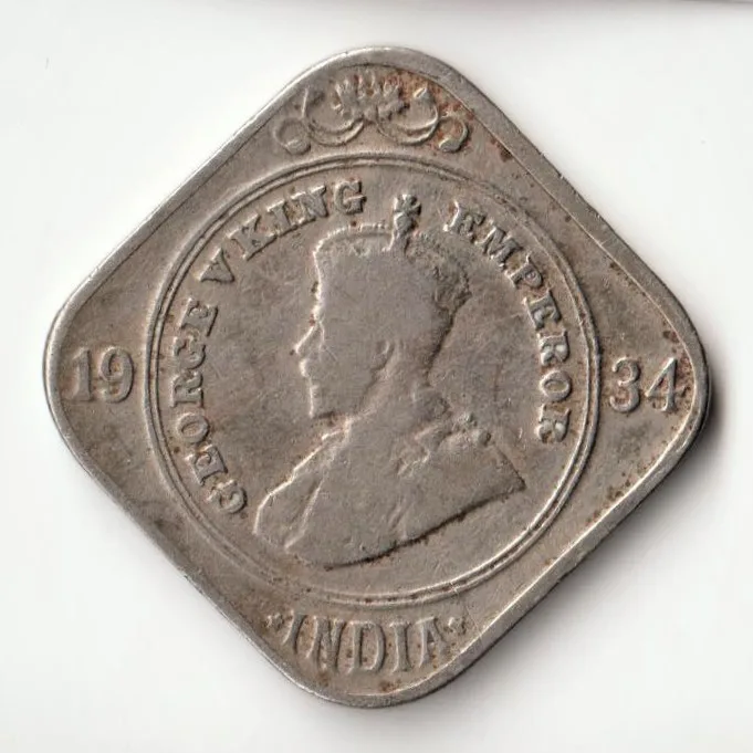 2 Anna 1934 of King George V Copper Nickel Coin of British India Coinage