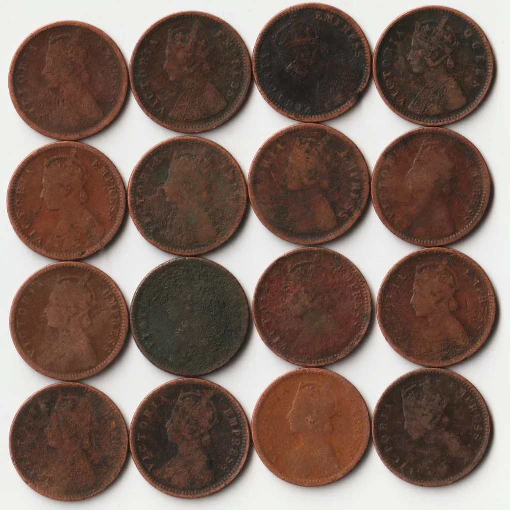 Rare 16 Coins Set of 1/12 Anna 1862 to 1901 Copper Coins of Victoria Queen British India Coinage