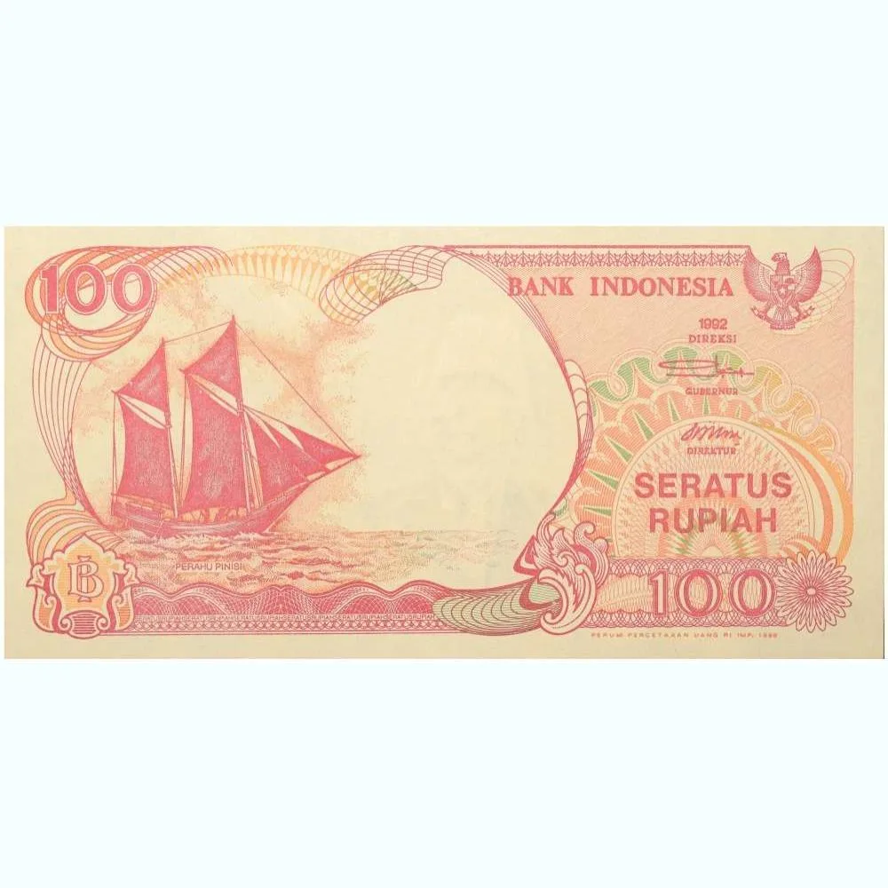 100 Rupiah of Indonesia Country (AD 1992-2000) with Eruption from volcano island Anak Krakatau