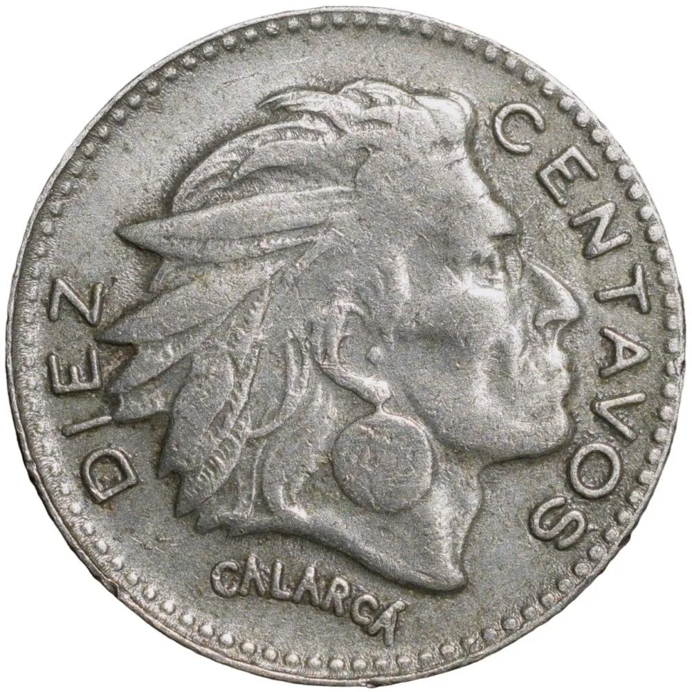 Old Copper-Nickel 10 Pesos of Colombia Country (AD 1964) with portrait of Indio Chief
