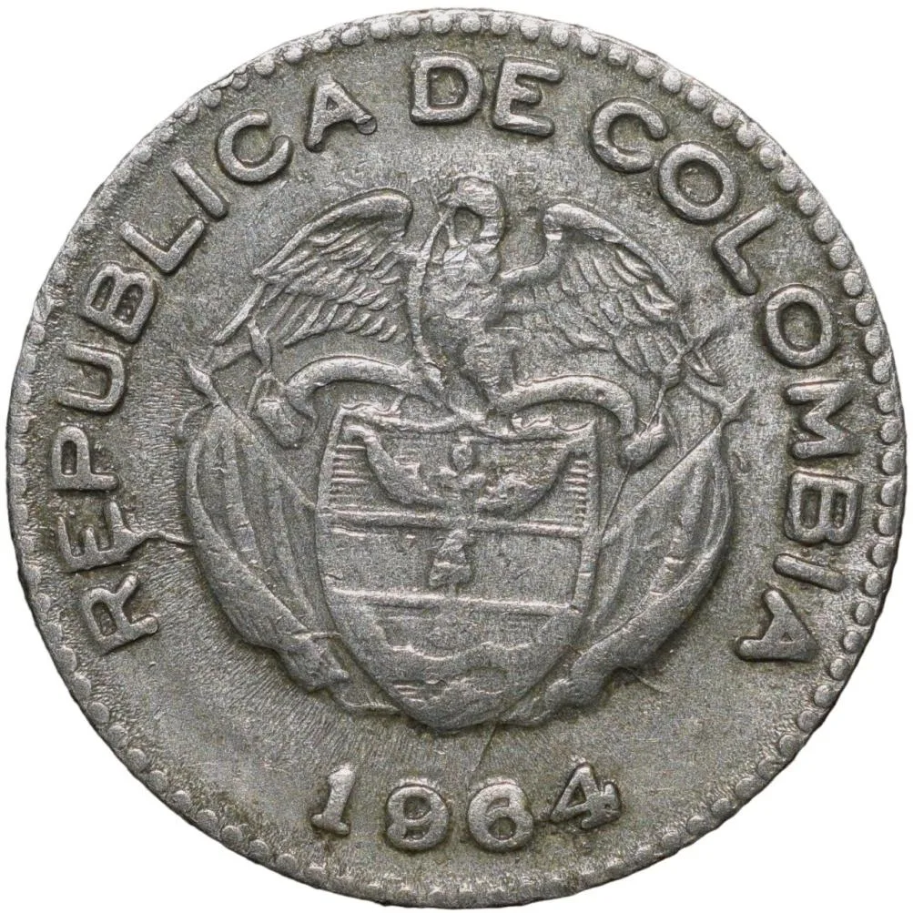 Old Copper-Nickel 10 Pesos of Colombia Country (AD 1964) with portrait of Indio Chief