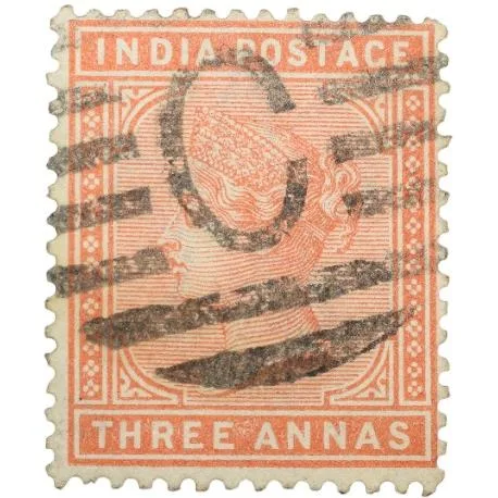Postal Stamp of Victoria 3 Annas - Orange Colour - Used Condition as per Image.