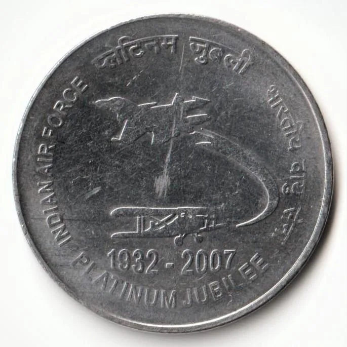 2 Rupees 1932 to 2007 On Platinum Jubilee Of Indian Air Force Commemorative Stainless Steel Coin of  Republic India