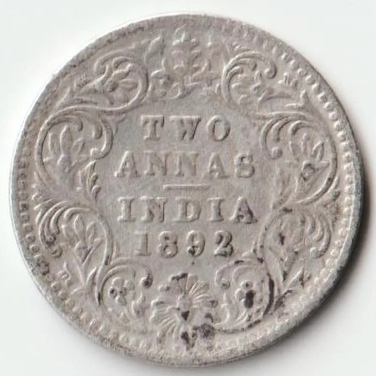 Rare Two Anna 1892 Victoria Empress of British India Small Silver Beautiful Extremely Fine Grade Coin