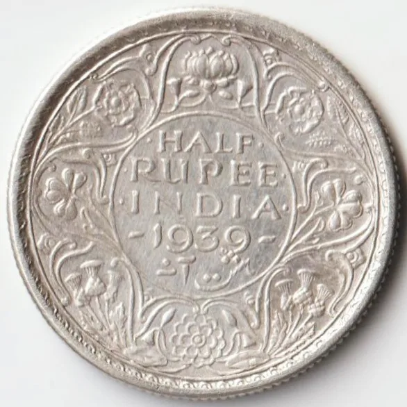 Rare Half Rupee 1939 Matured Head Silver Coin of King George VI British India Coinage