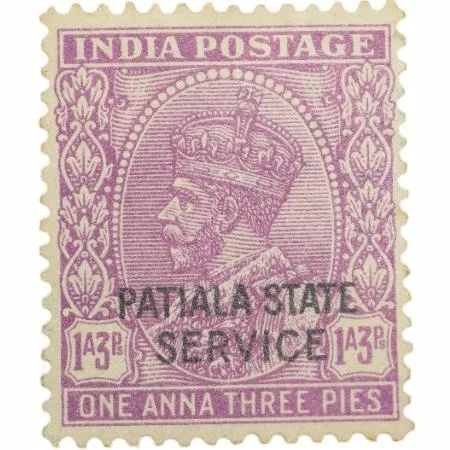Postal Stamp of Indian Conventional States - Patiala George V Purple 1 Anna 3 Pies - 'Service Patial