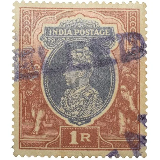Postal Stamp of George VI 1 Rupee Blue-Red Colour - Mint Stamp Cancelled by GOI, Un-Used Condition a