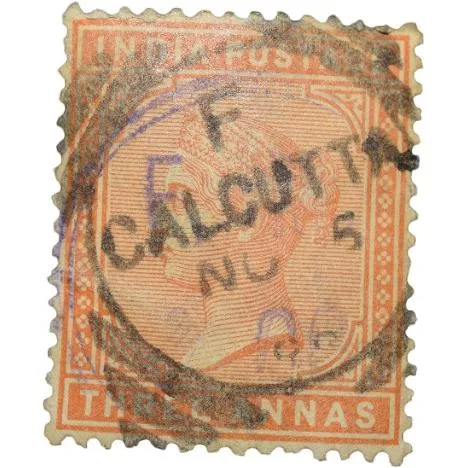 Postal Stamp of Victoria 3 Annas - Orange Colour - Calcutta Cancellation - Used Condition as per Ima