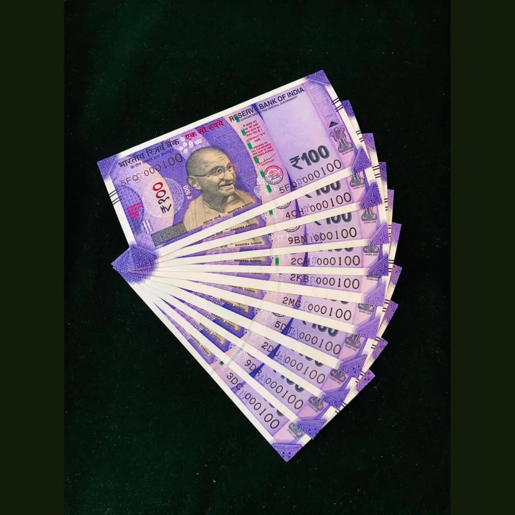 Rs 100 India Banknote Issue Fancy Number Set of 10 Notes Low Serial 000100 GEM UNC Unique Number