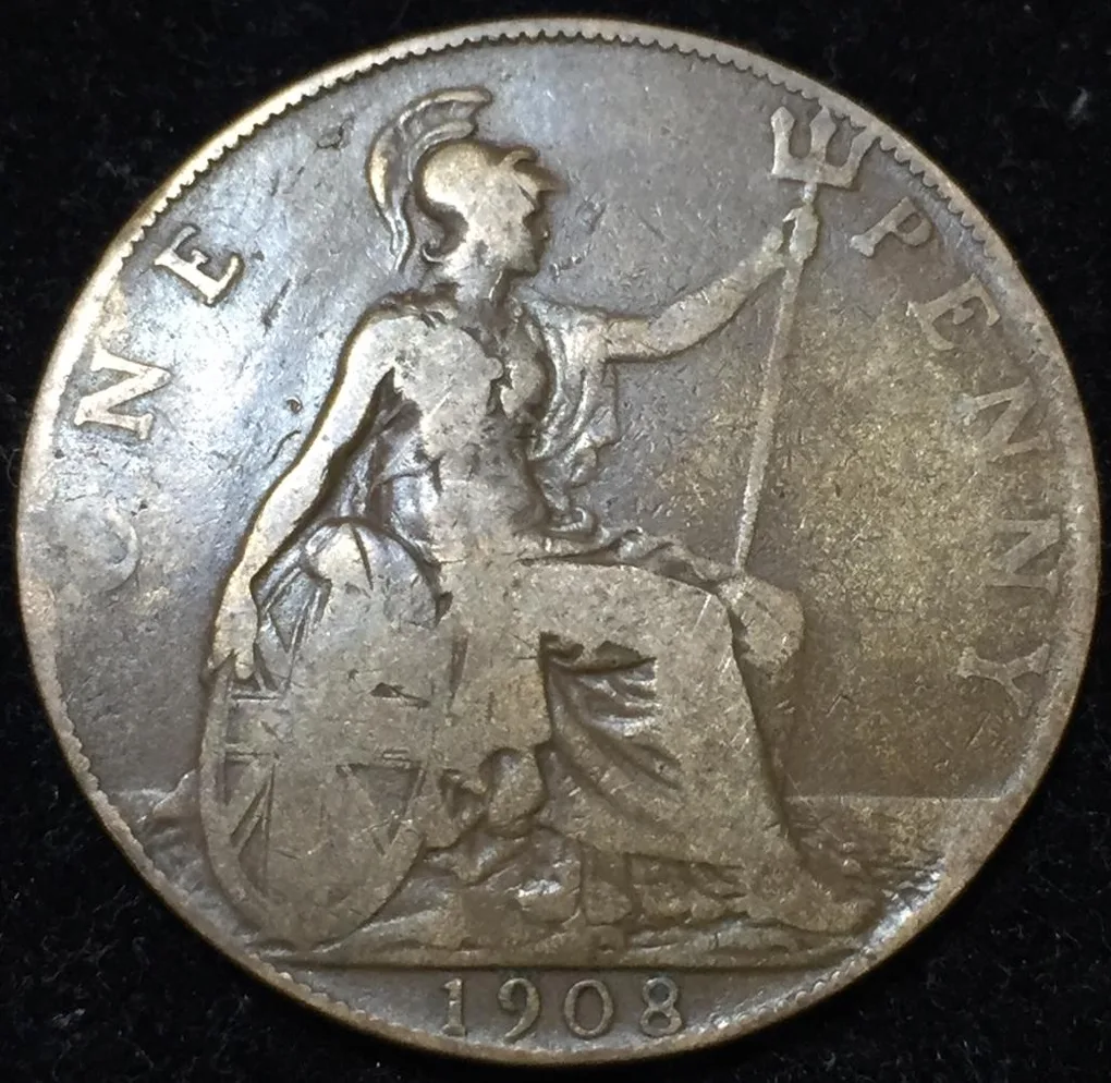 1908 United Kingdom 1 Penny - Edward VII Rare Lowest Price Coin #V93