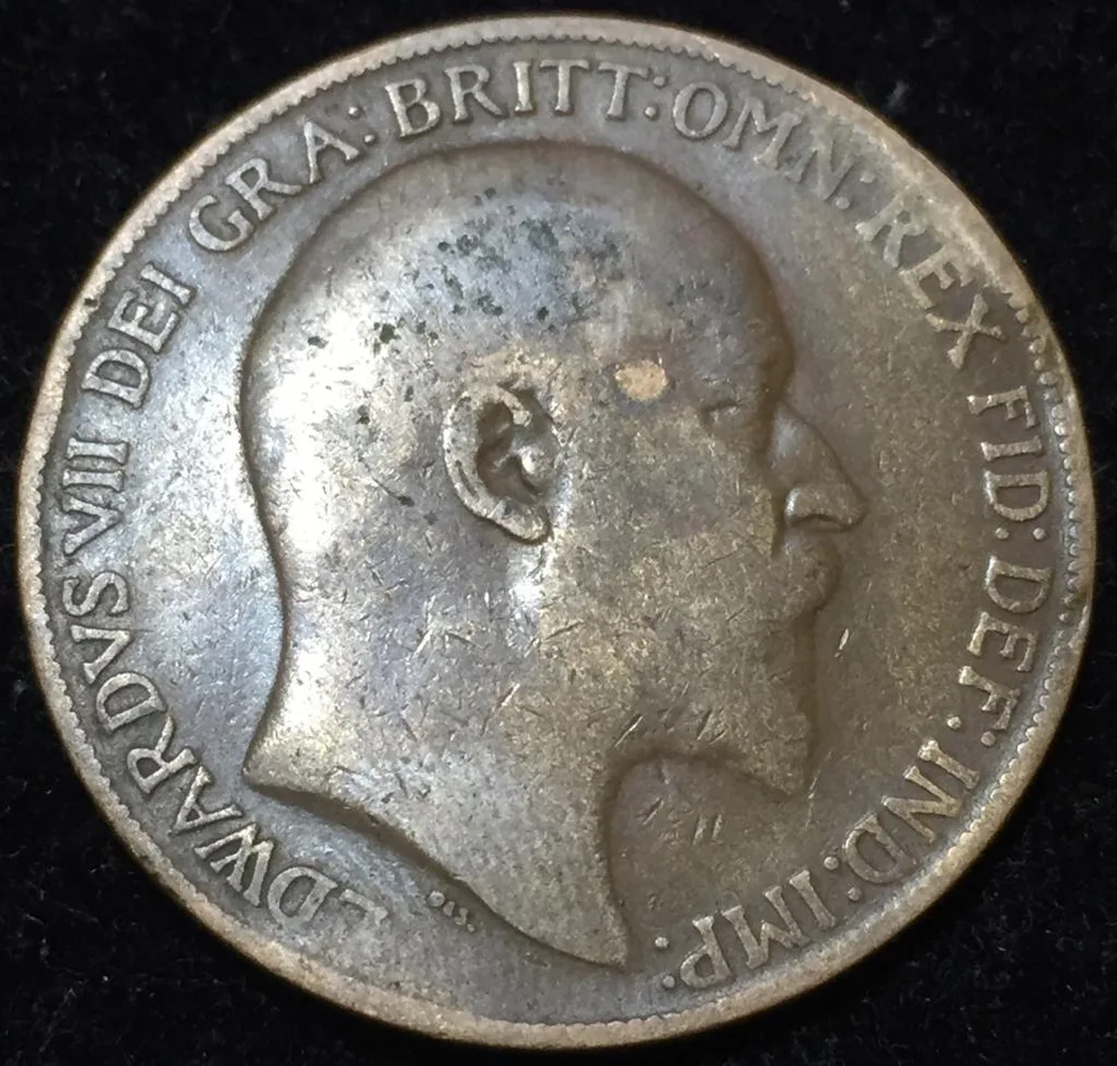1908 United Kingdom 1 Penny - Edward VII Rare Lowest Price Coin #V93