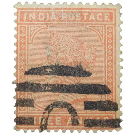 Postal Stamp of Victoria 3 Annas - Orange Colour - Used Condition as per Image.