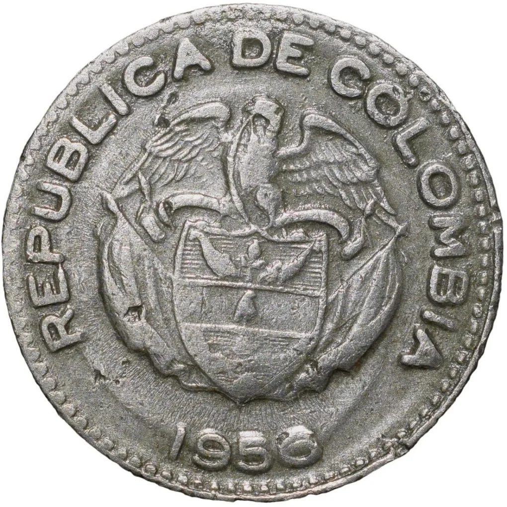 Old Copper-Nickel 10 Pesos of Colombia Country (AD 1956) with portrait of Indio Chief
