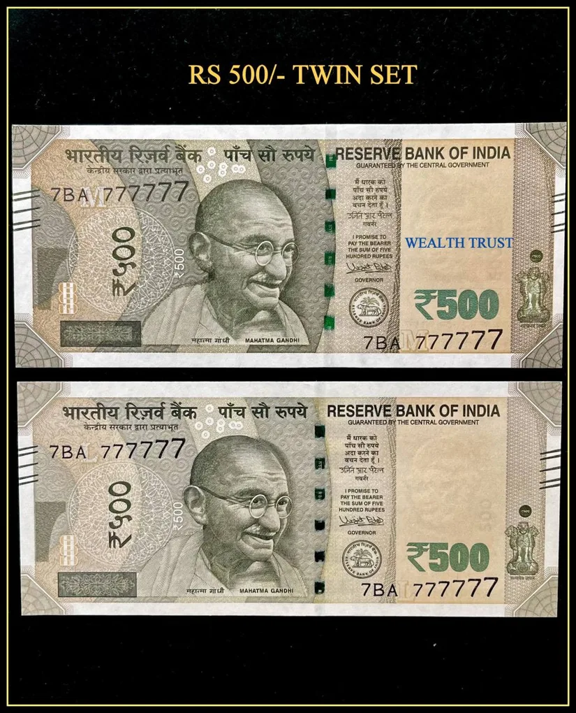 Rs 500 Twin Pair Gem Unc Very Unique Banknote Set Super Solid Number 7BA 777777