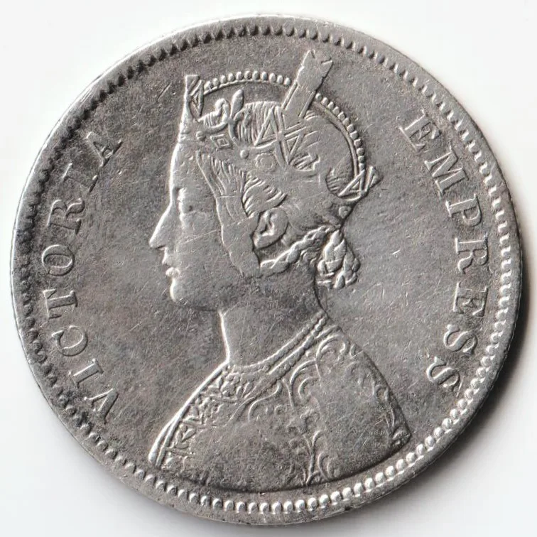 Extremely Rare 1 Rupee 1881 of Victoria Empress C Mark Silver British India Coin of Calcutta Mint
