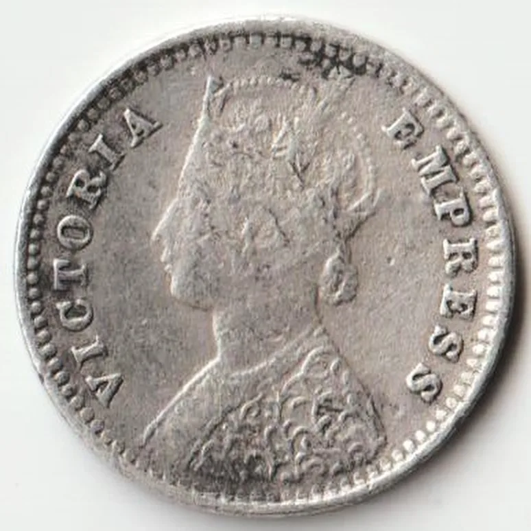 Rare Two Anna 1892 Victoria Empress of British India Small Silver Beautiful Extremely Fine Grade Coin