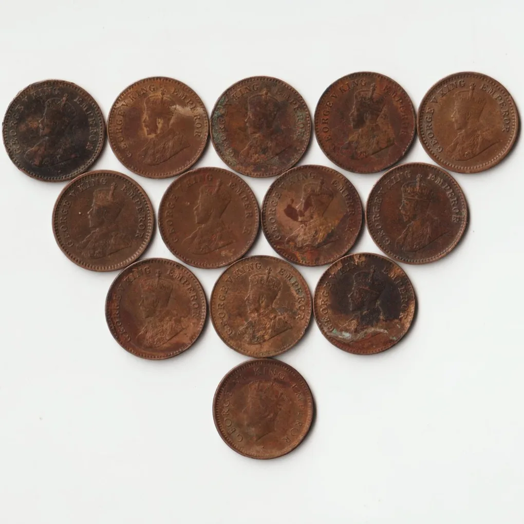 13 Coins Set of 1/12 Anna 1912 to 1939 Bronze Coins of King George V and George VI British India Coinage